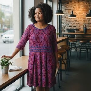 Miusol Red and Indigo Lace Midi Sheath Dress Women's Size XL